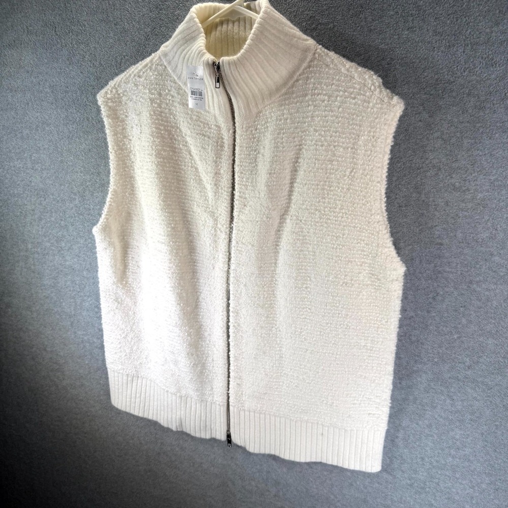 Ann Taylor Weekend Sweater Vest Women Medium White Sleeveless Full-Zip Mock Neck - Picture 3 of 10